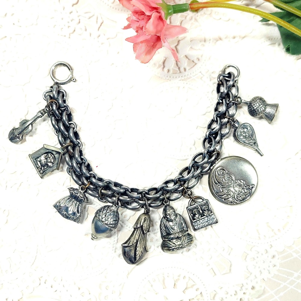 Vintage 1950s Charm Bracelet Double Link Figural Charms Silver Storytelling